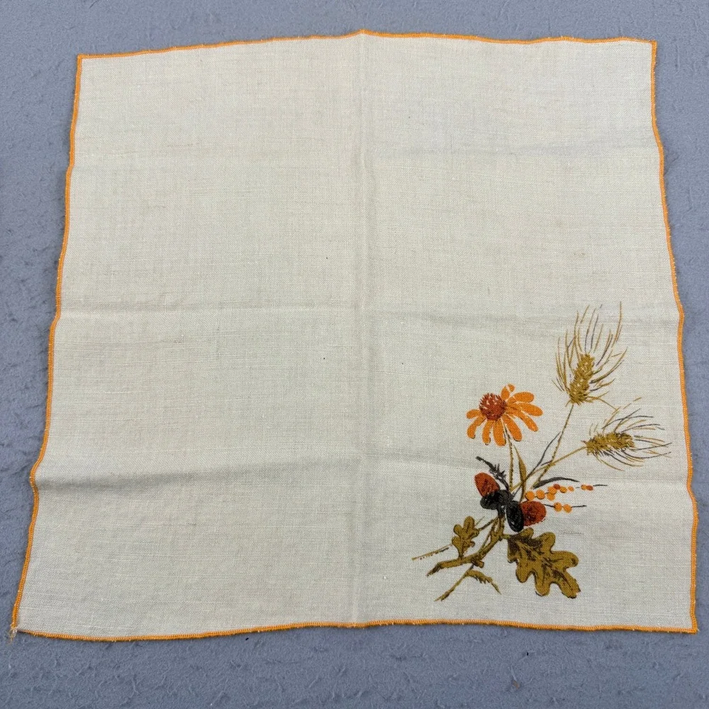 7pc Vtg Signed Luther Travis Fall Harvest Linen Set 4 Placemats‎ 3 Napkins Wheat